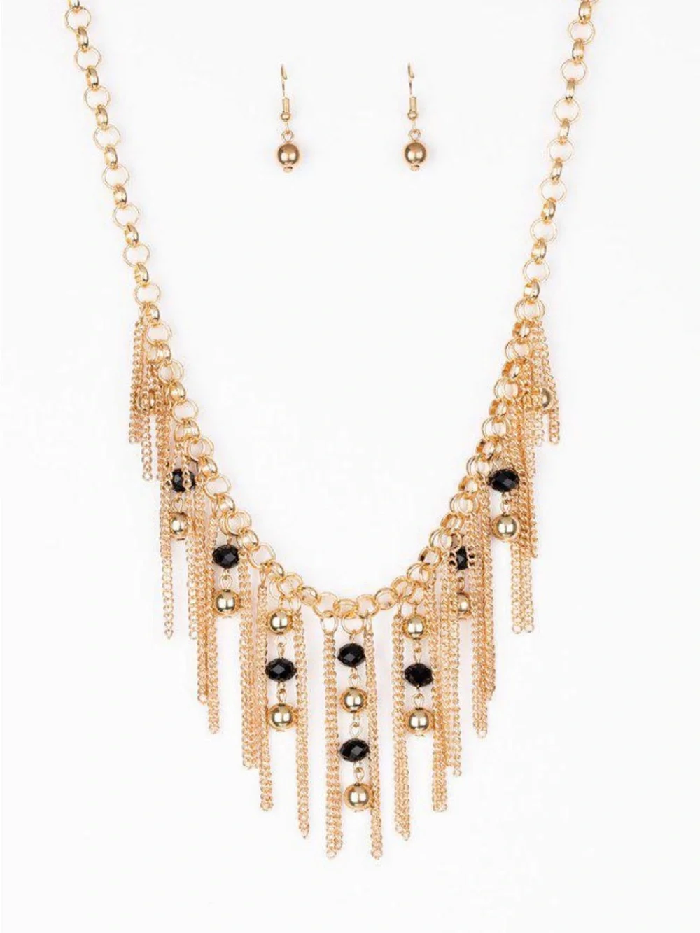 paparazzi Gold Fringe Necklace with Black Bead Accents